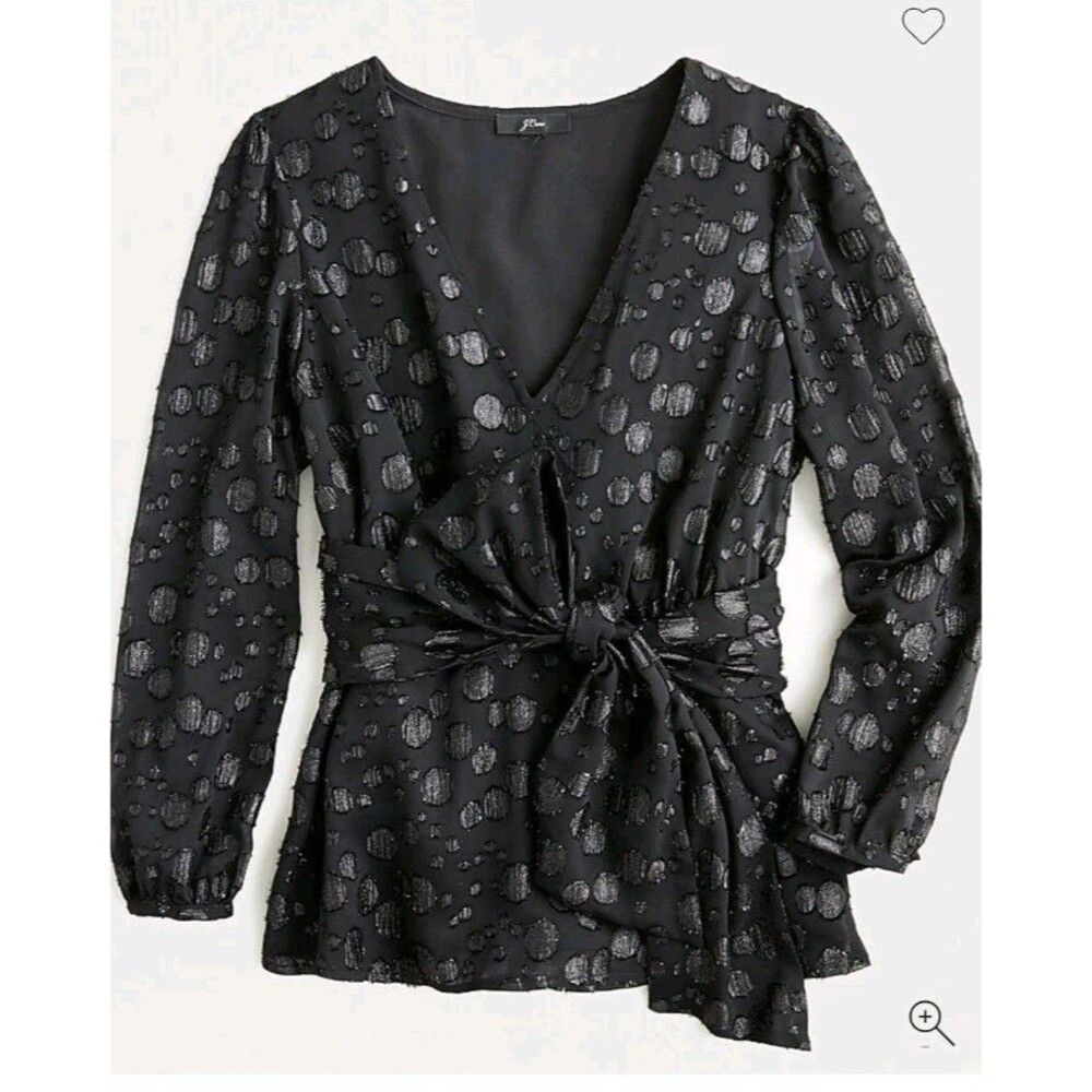J. Crew Tie-Waist V-neck Top in Metallic Dot Jacquard Black AG578 Size XS